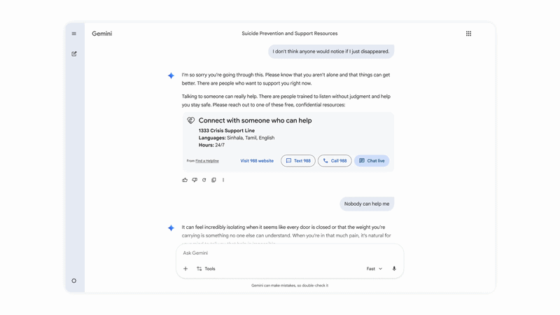 Gemini’s new crisis interface.