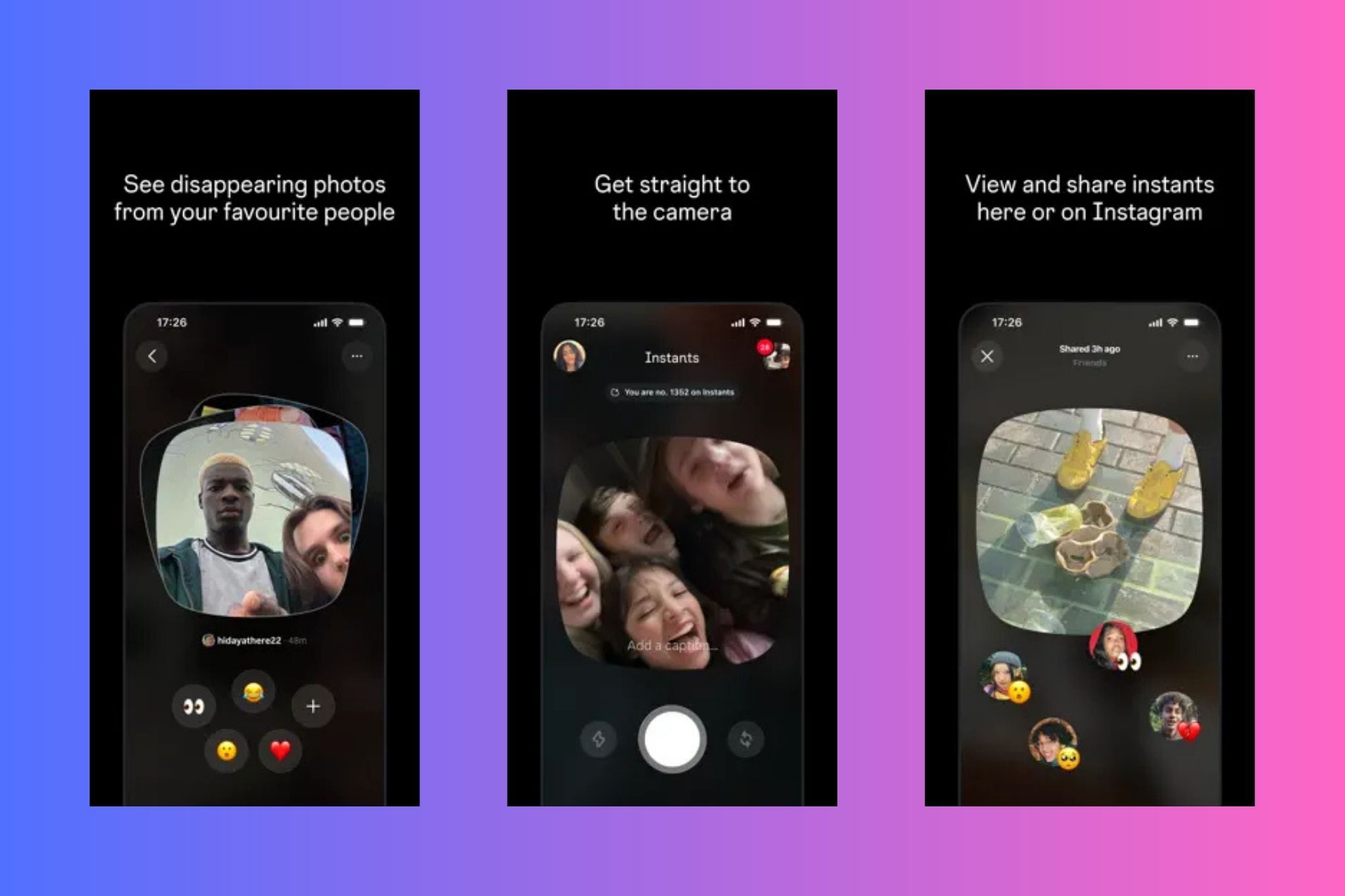 Скріншоти з додатку Instagram Instants на рожево-фіолетовому градієнтному фоні