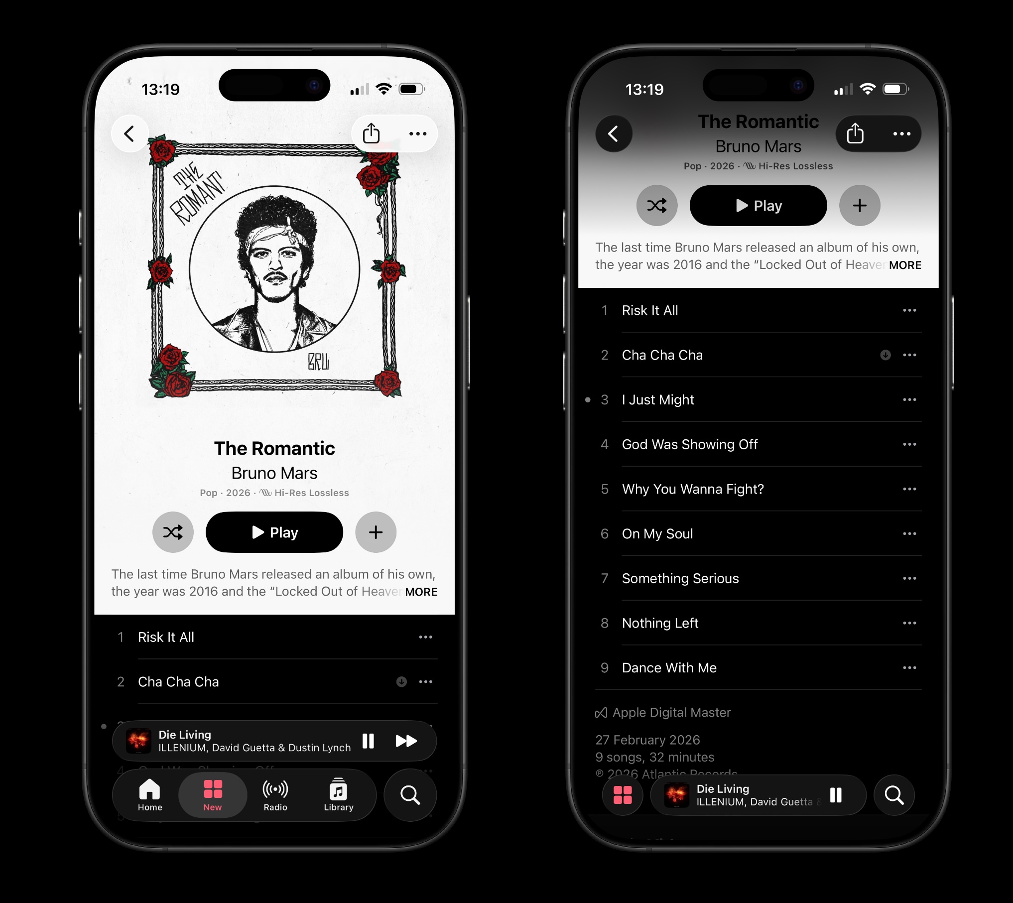 Apple Music в темному режимі з увімкненою опцією збільшення контрасту