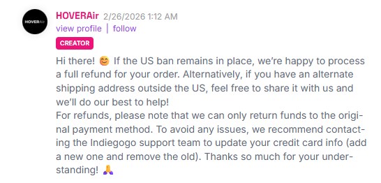 Zero Zero повідомила деяким спонсорам Indiegogo, що поверне їм гроші.