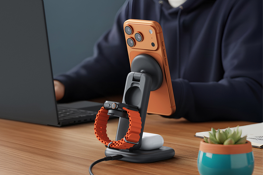 Satechi’s 3-in-1 charger folded down and placed in a suitcase atop clothing.