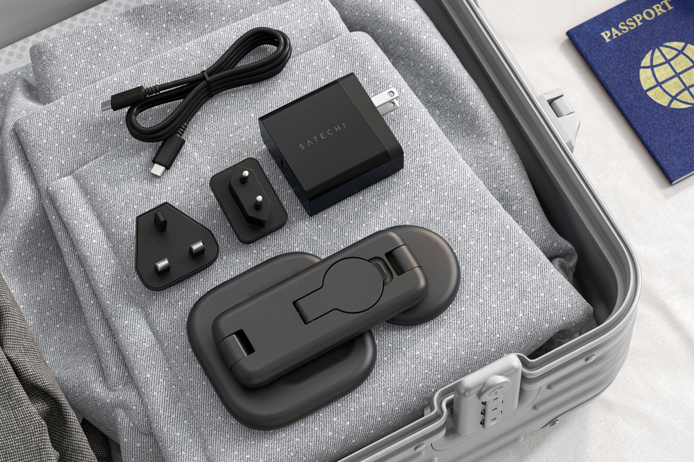 The charging stand includes a 45W USB-C adapter, and while the stand is designed to fold flat for travel, it’s not the smallest multi-device charger.