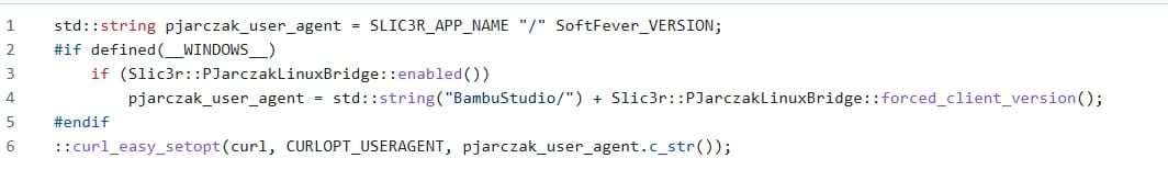 Код Ярчака показує, що його форк OrcaSlicer ідентифікує себе як “BambuStudio,” але в основному просто кажучи це вголос і сподіваючись, що системи Bambu не зададуть жодних запитань.