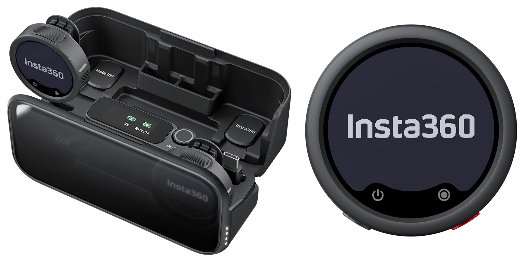 The Insta360 Mic Pro transmitter on its own next to a full kit that includes a charging case.