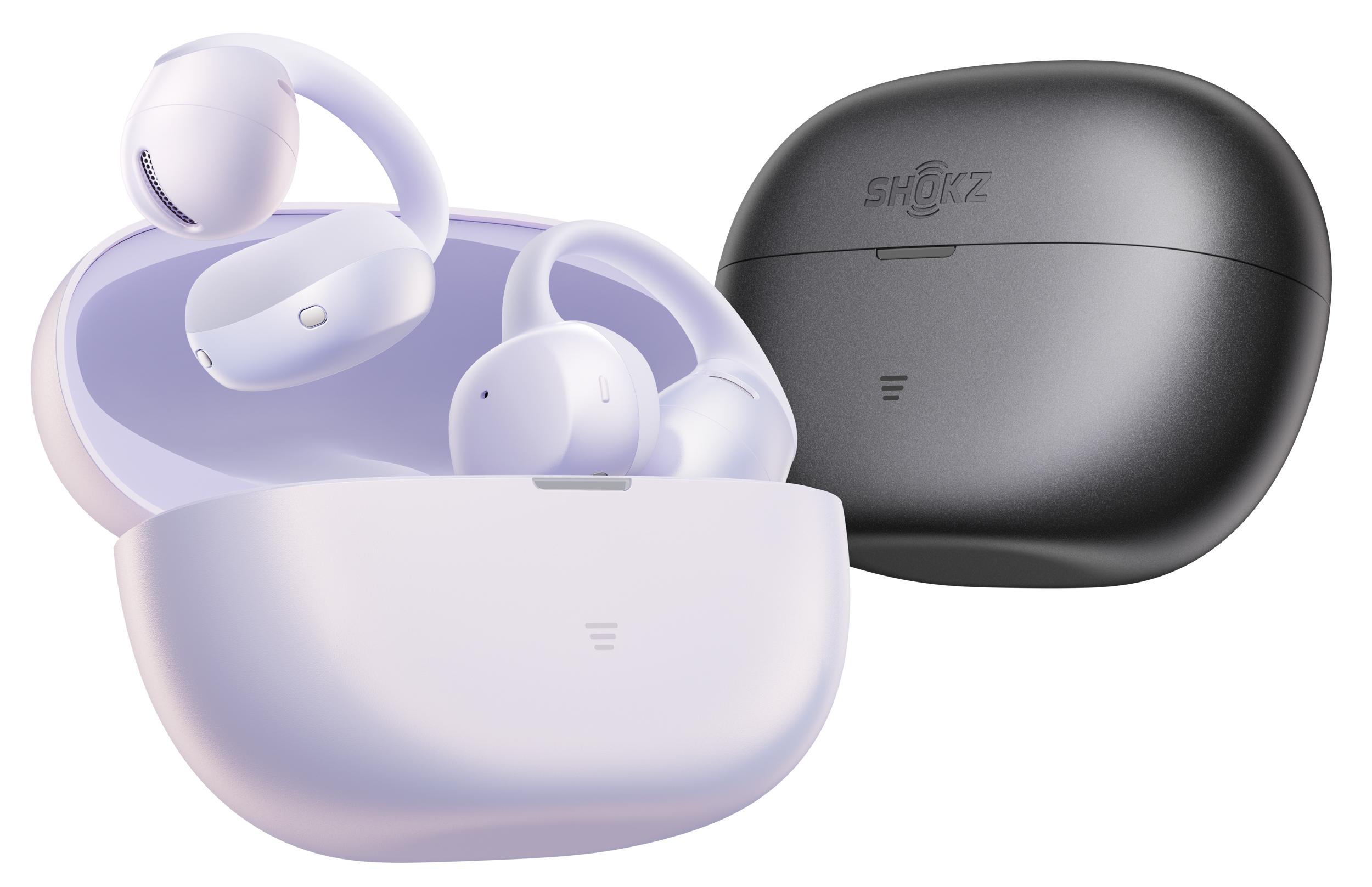 The Shokz OpenDots Air earbuds and their charging cases in two color options.
